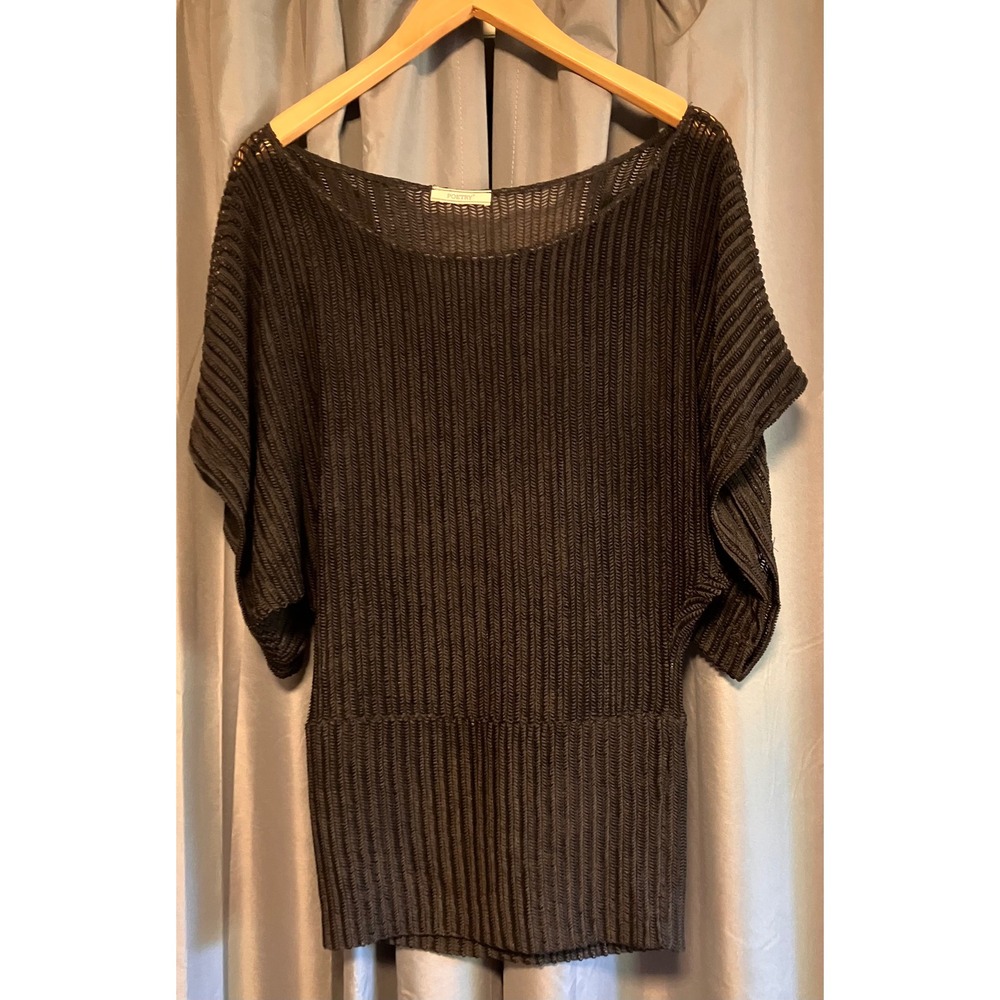 Poetry Knit Top Womens Black Sheer Short Dolman Sleeve Scoop Neck Ribbed Hem